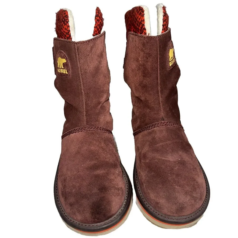 SOREL NL2070-259 Newbie Suede & Fabric Boot 6.5 Burgundy Red Yellow Logo Mid